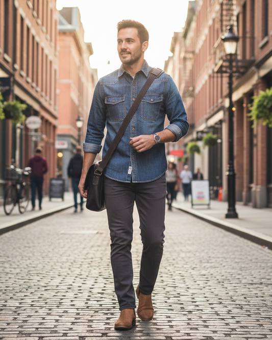 A man wearing an Urban Fashion & Streetwear | Craftklart denim shirt walking down a cobblestone city street.