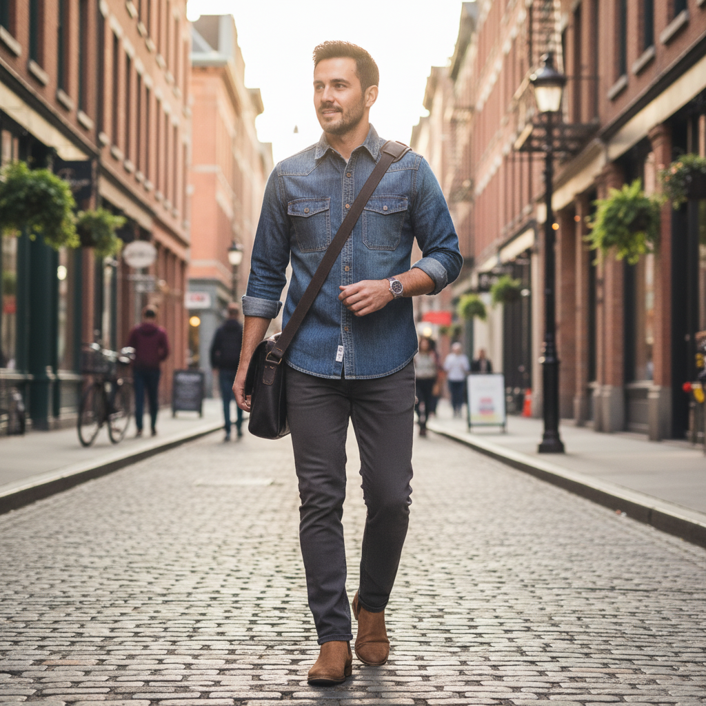 A man wearing an Urban Fashion & Streetwear | Craftklart denim shirt walking down a cobblestone city street.