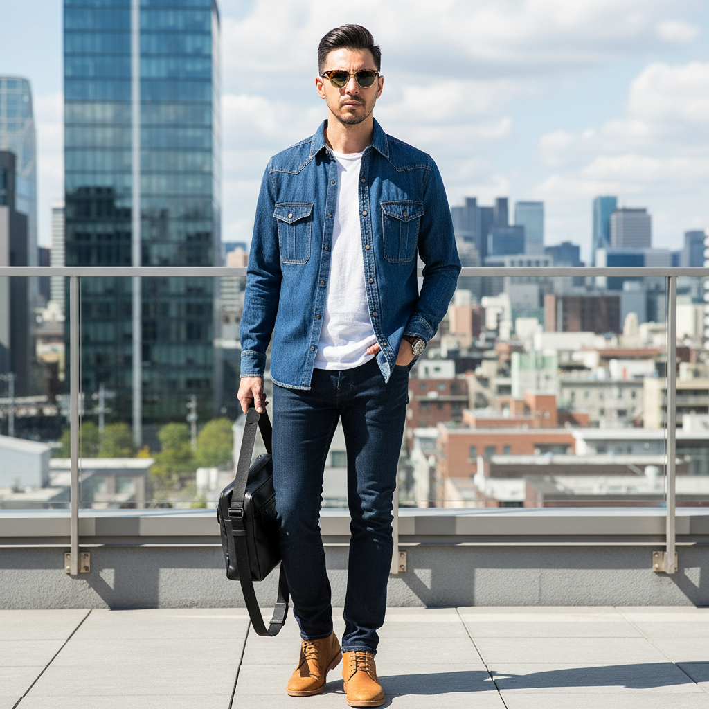 Urban Fashion & Streetwear | Craftklart heavy duty denim shirt worn by a man on a city rooftop with dark jeans