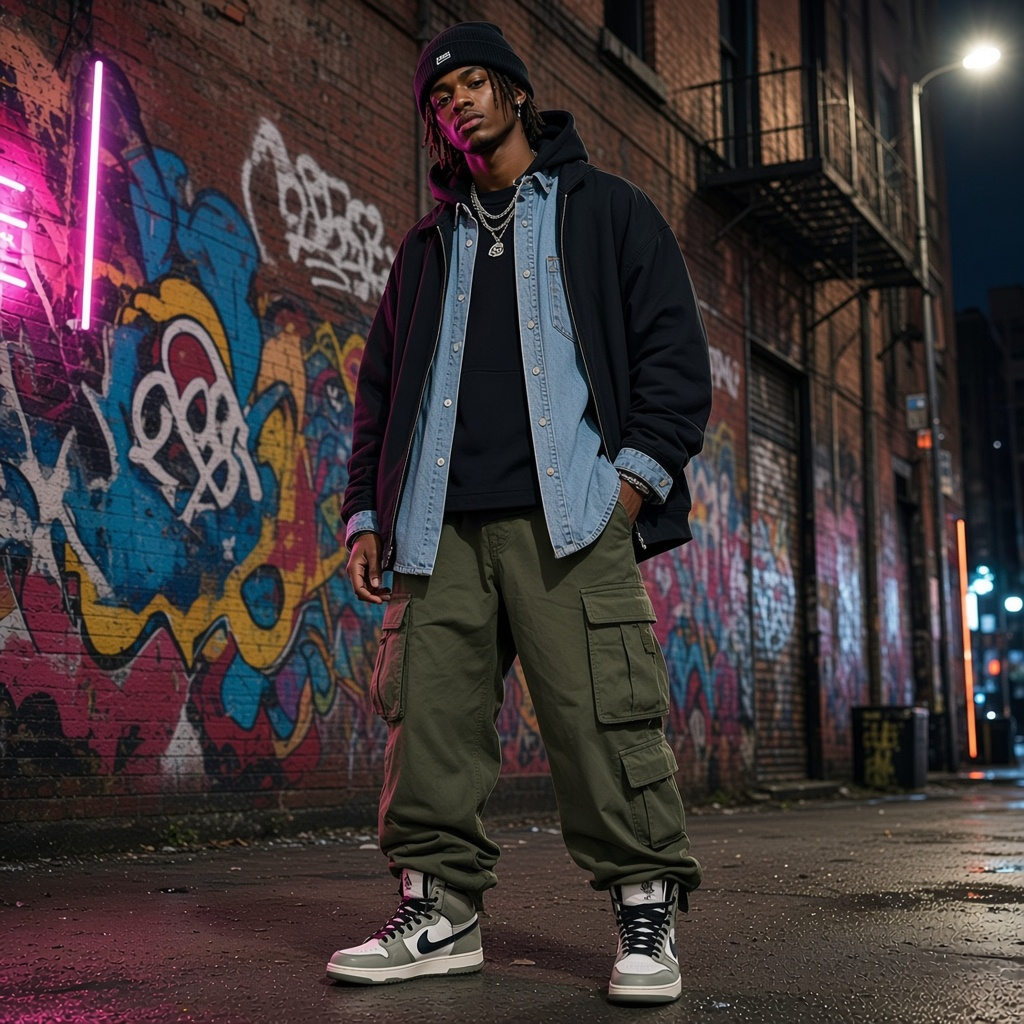 Urban Fashion & Streetwear | Craftklart denim shirt worn open over a black hoodie in a gritty urban alleyway.