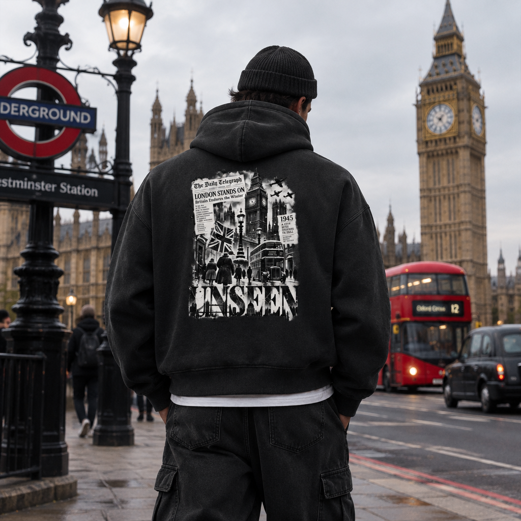 Urban Fashion & Streetwear | Craftklart unisex boxy hoodie with vintage wash, distressed edges, and London graphic print.