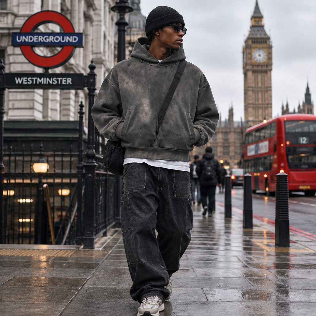 Urban Fashion & Streetwear | Craftklart distressed boxy hoodie in washed grey cotton worn by a man in London