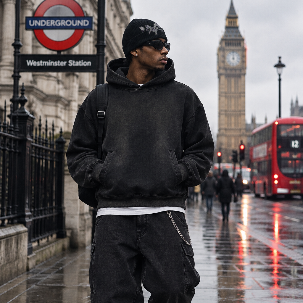 Urban Fashion & Streetwear | Craftklart distressed boxy hoodie in washed black cotton worn by a man in London