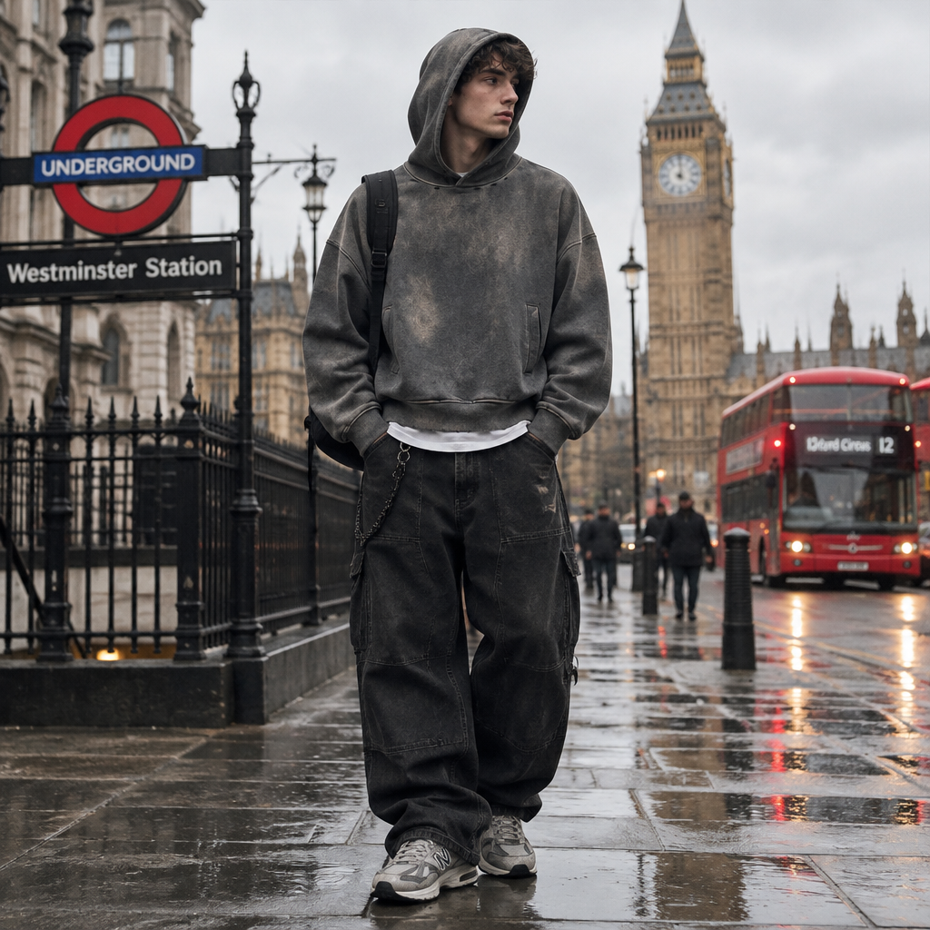 Urban Fashion & Streetwear | Craftklart distressed boxy hoodie in vintage grey worn by a model at Westminster Station.