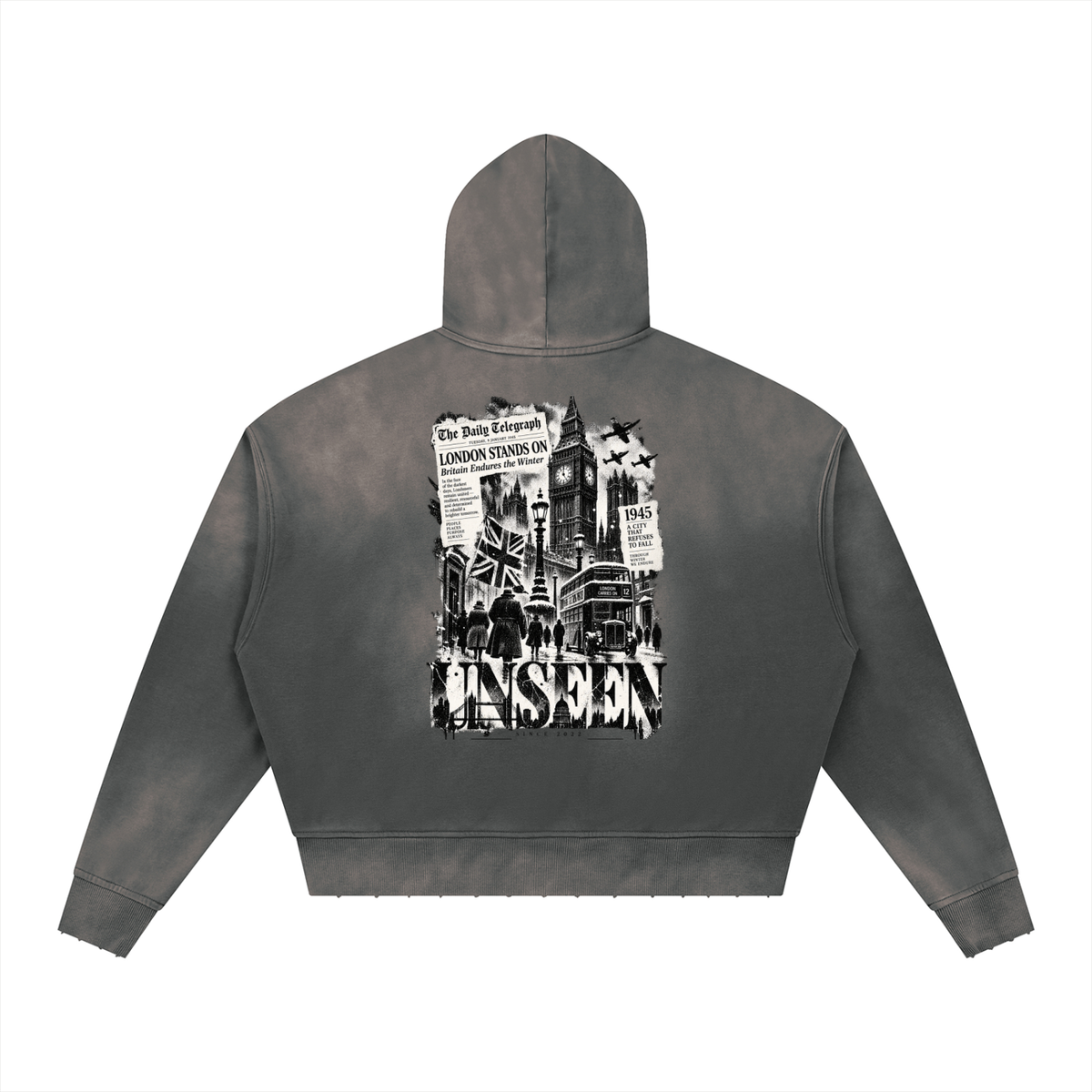 Urban Fashion & Streetwear | Craftklart boxy distressed hoodie with vintage wash and London-themed graphic print back
