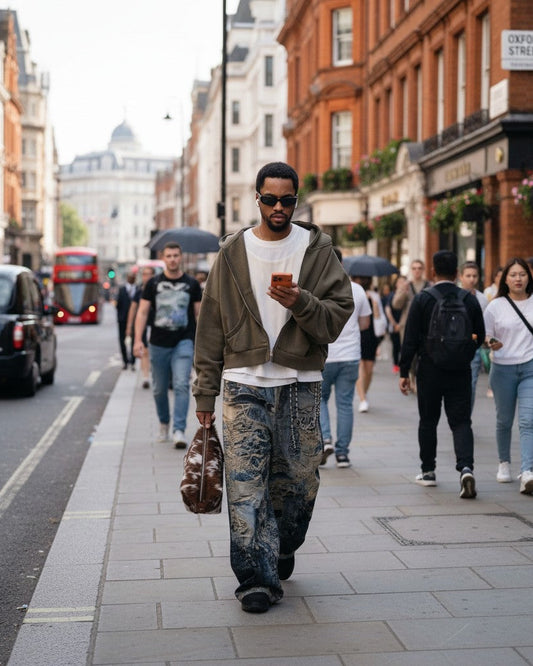 Urban Fashion & Streetwear | Craftklart distressed denim jeans with 3D graffiti print worn by a man on a city street.
