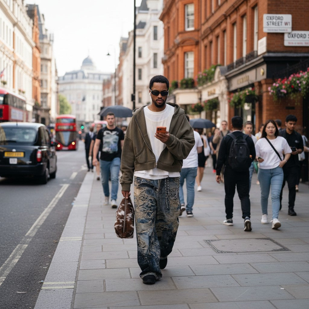 Urban Fashion & Streetwear | Craftklart distressed denim jeans with 3D graffiti print worn by a man on a city street.