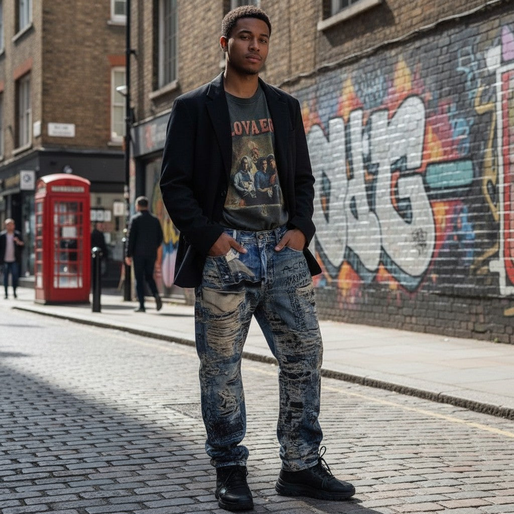 Urban Fashion & Streetwear | Craftklart distressed denim jeans with graffiti print worn by a man on a city street