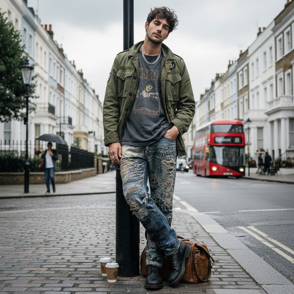 Urban Fashion & Streetwear | Craftklart distressed denim jeans with graffiti print worn by a man in a London street