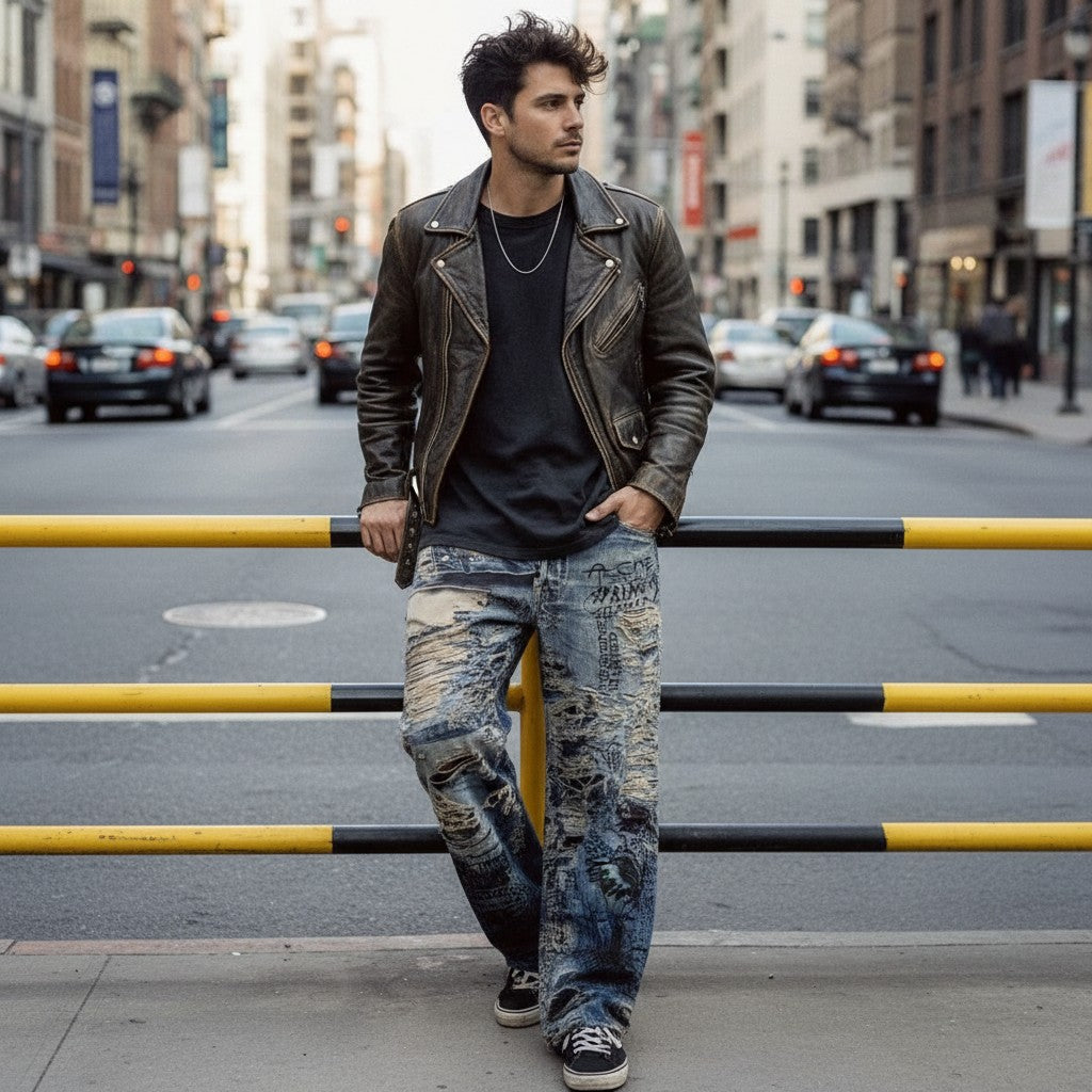 Urban Fashion & Streetwear | Craftklart distressed denim jeans with 3D graffiti print worn by a man in a city