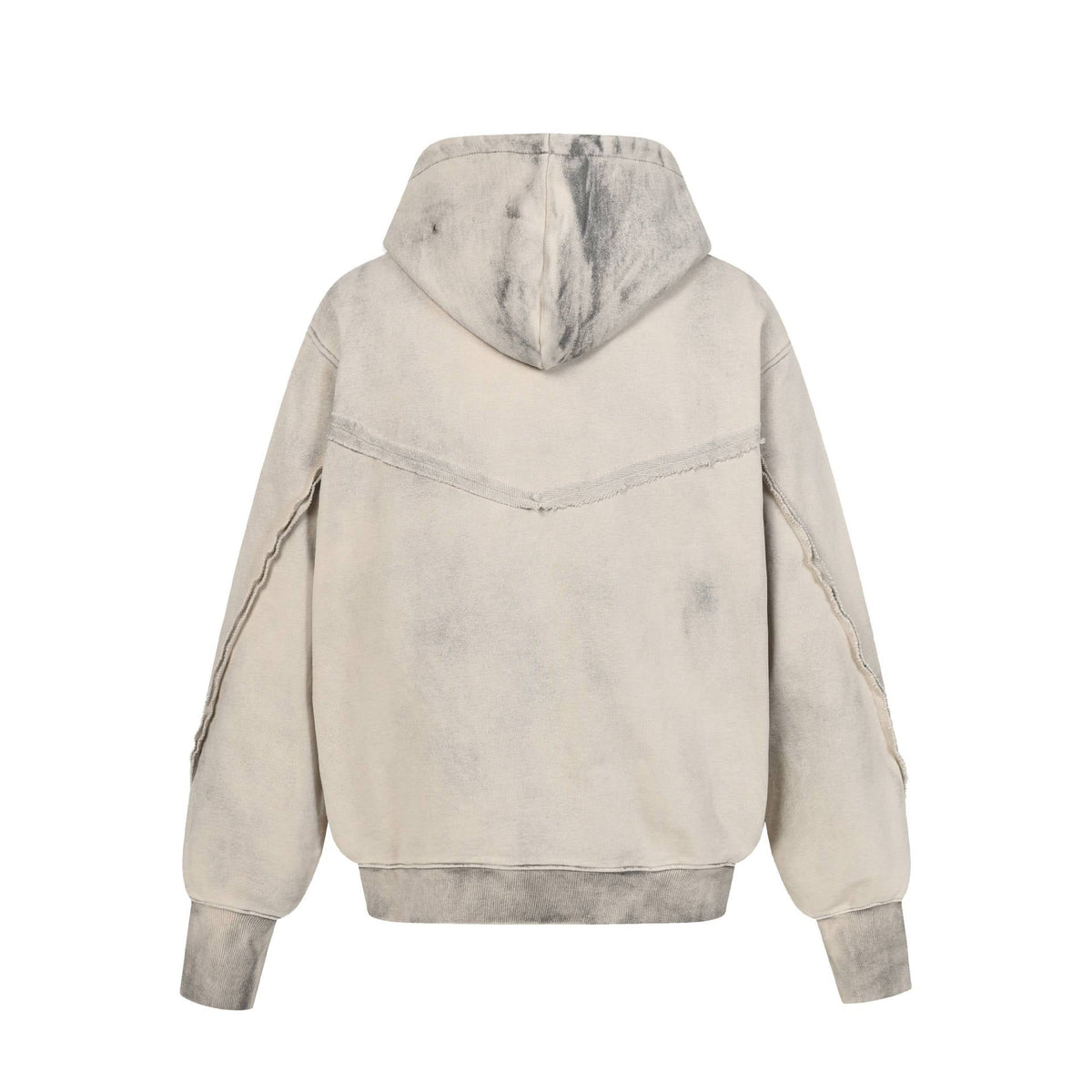 Back view of Urban Fashion & Streetwear | Craftklart off-white heavyweight hoodie with distressed raw-edge seams.
