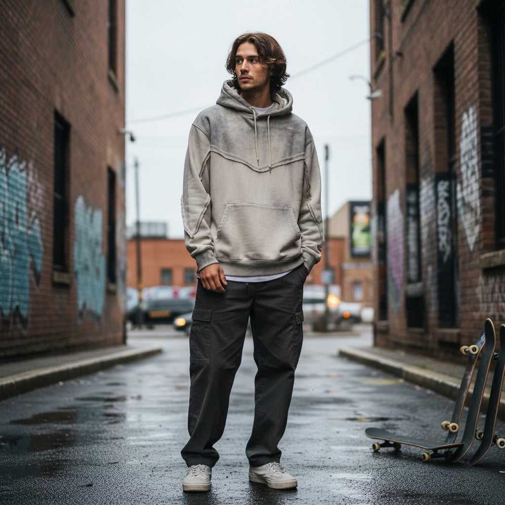 Urban Fashion & Streetwear | Craftklart off-white distressed hoodie with raw-edge seams worn by a man in an alleyway.