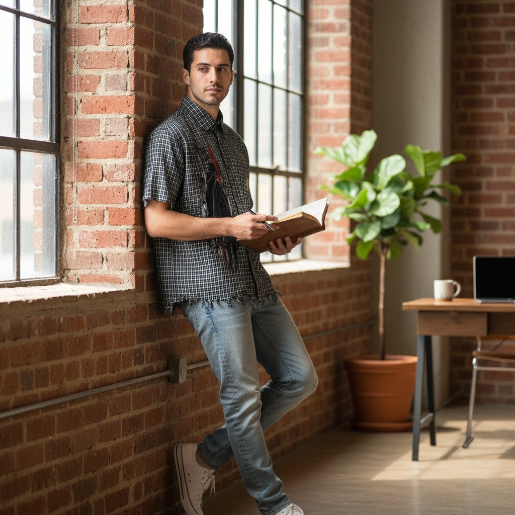 A man wearing an Urban Fashion & Streetwear | Craftklart distressed plaid boxy shirt, leaning against a brick wall.