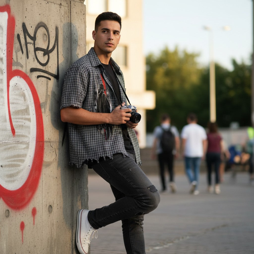 Urban Fashion & Streetwear | Craftklart unisex distressed plaid boxy shirt with short sleeves and button-up front.