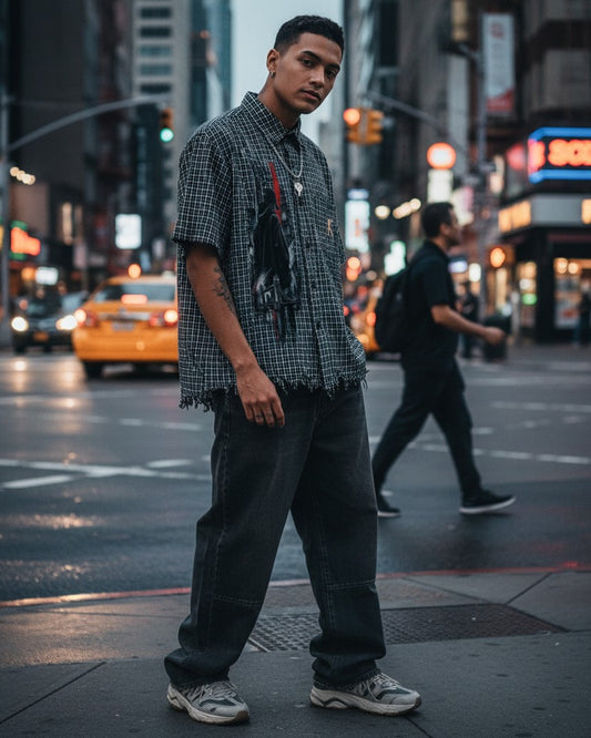 A model wearing an Urban Fashion & Streetwear | Craftklart distressed plaid boxy shirt with a graphic print in NYC.