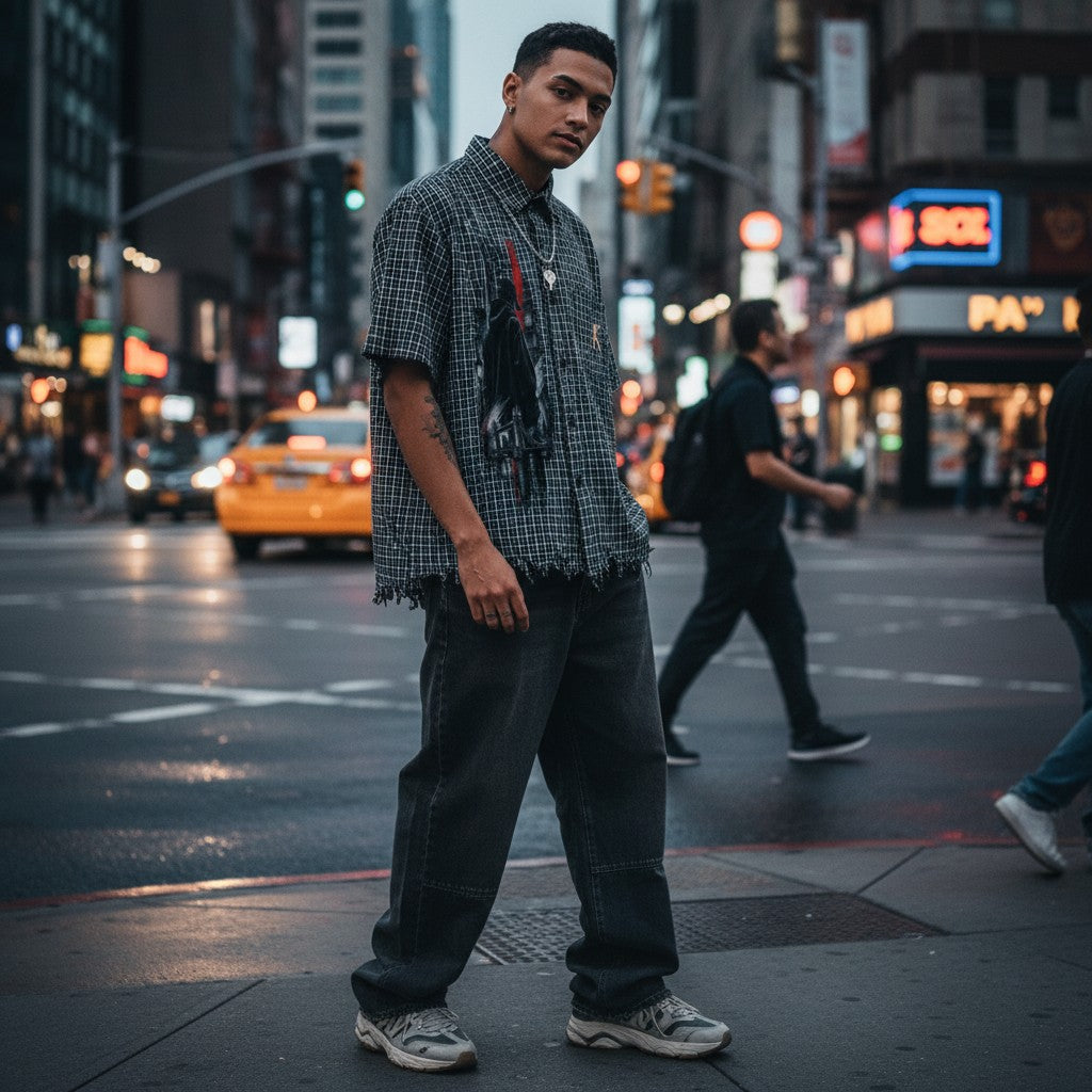 A model wearing an Urban Fashion & Streetwear | Craftklart distressed plaid boxy shirt with a graphic print in NYC.