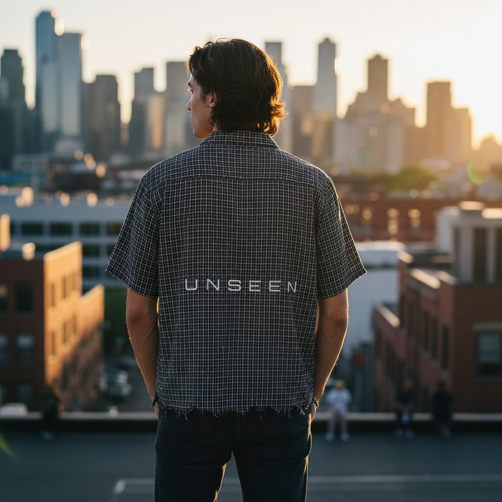 A man wearing an Urban Fashion & Streetwear | Craftklart distressed plaid boxy shirt with UNSEEN print on the back.
