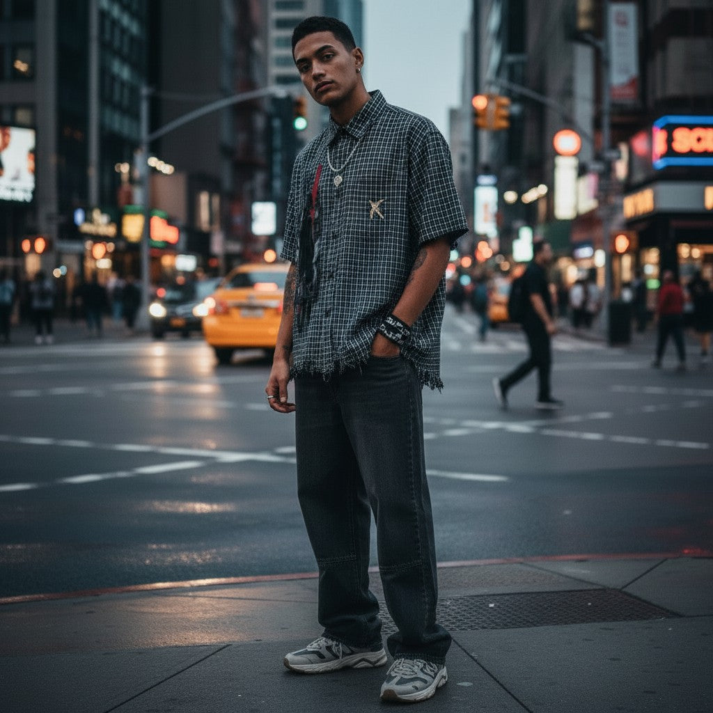 Urban Fashion & Streetwear | Craftklart unisex distressed plaid boxy shirt with raw hem worn by a man in the city.