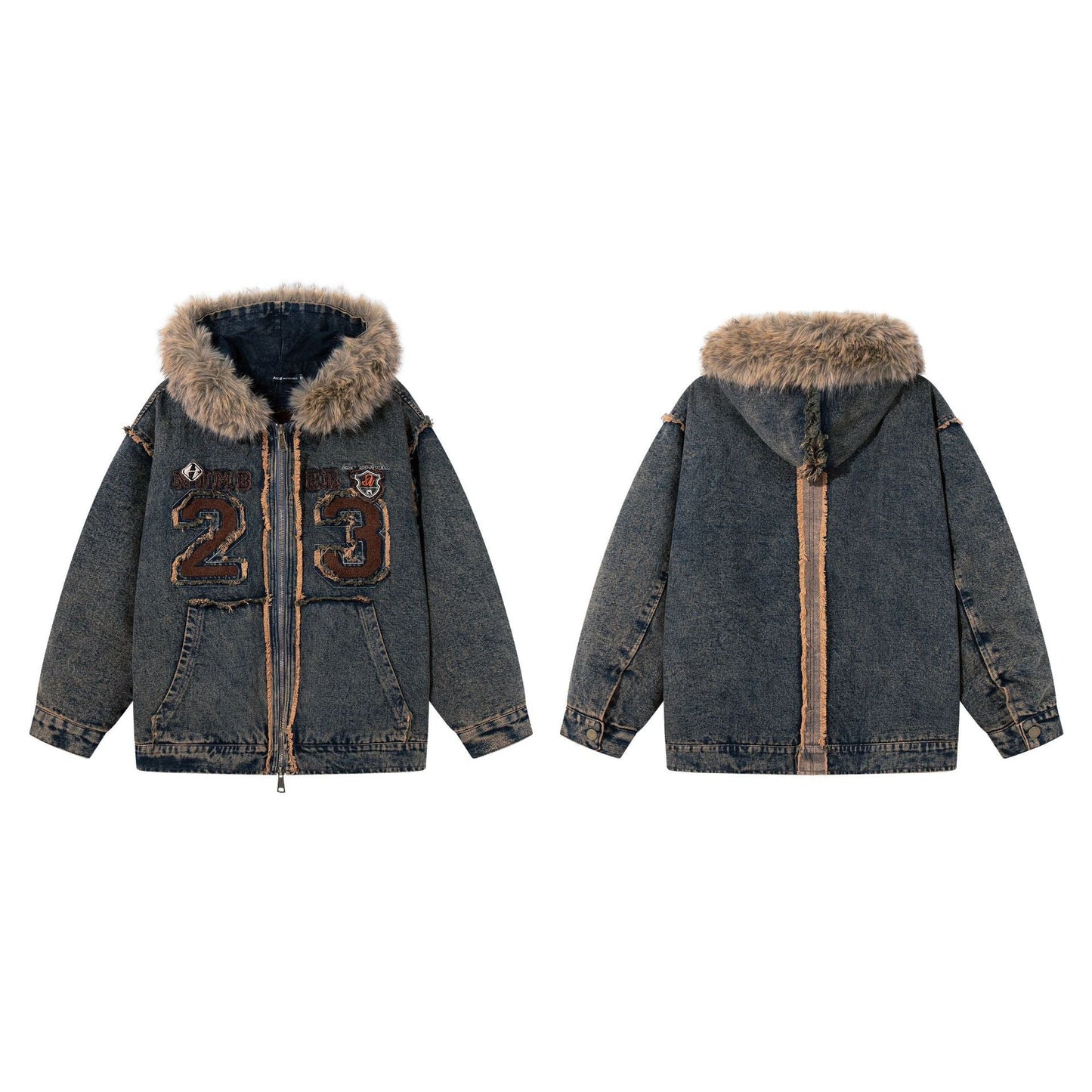 Urban Fashion & Streetwear | Craftklart faux fur hooded denim jacket with distressed wash and 23 embroidery