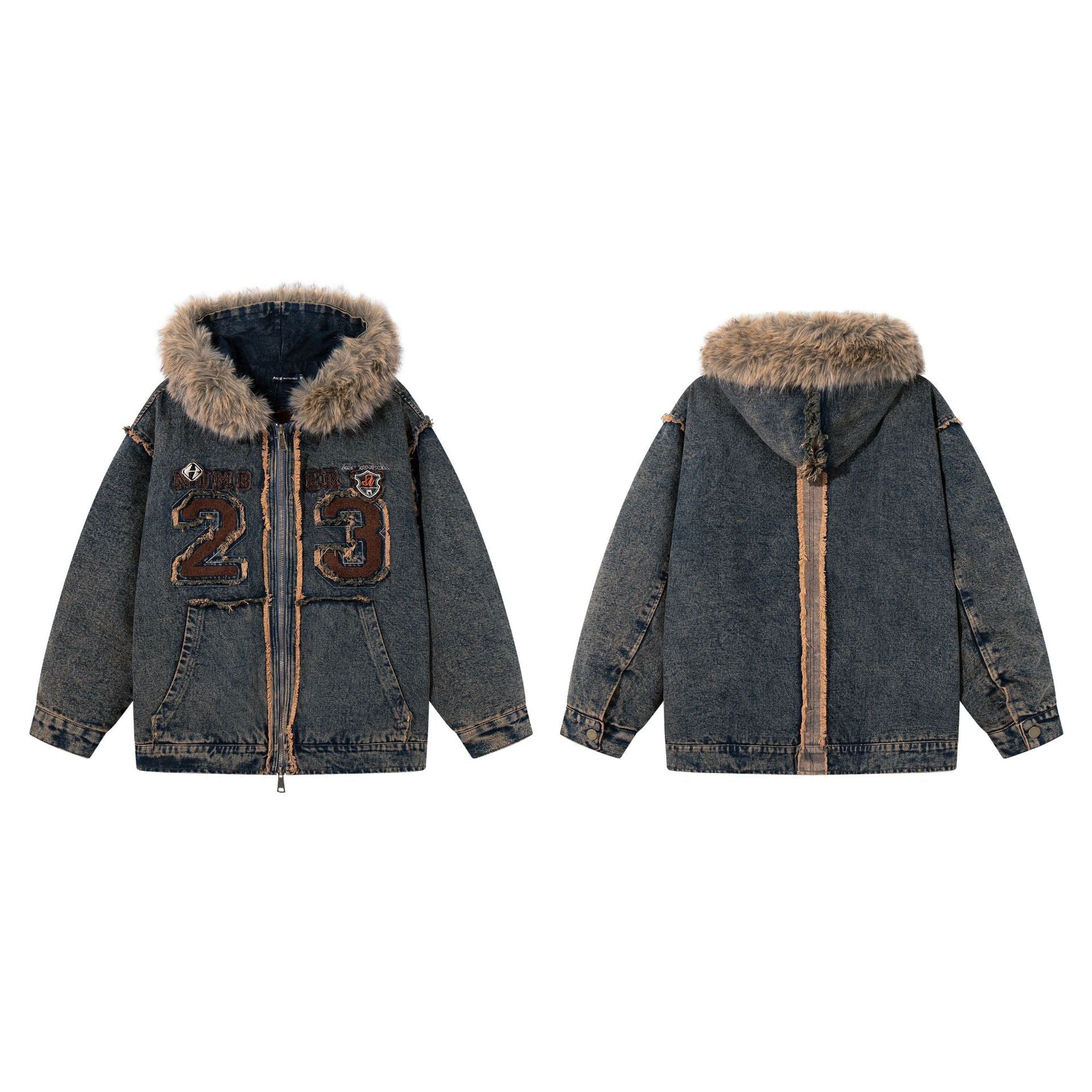 Urban Fashion & Streetwear | Craftklart faux fur hooded denim jacket with distressed wash and 23 embroidery