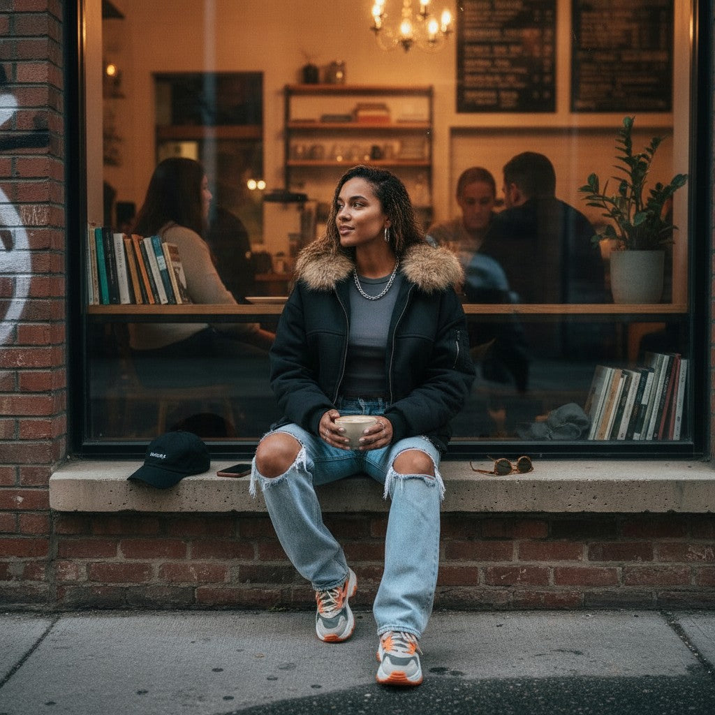 Woman wearing an Urban Fashion & Streetwear | Craftklart black faux fur hooded zip-up jacket sitting in a cafe window