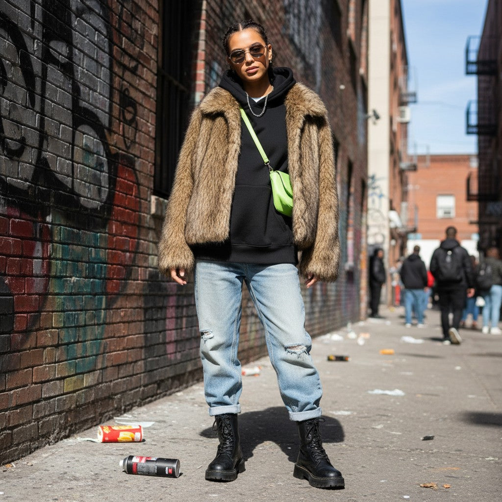 Model wearing a Craftklart Women's Faux Fur Jacket with a flip collar over a black hoodie and distressed jeans