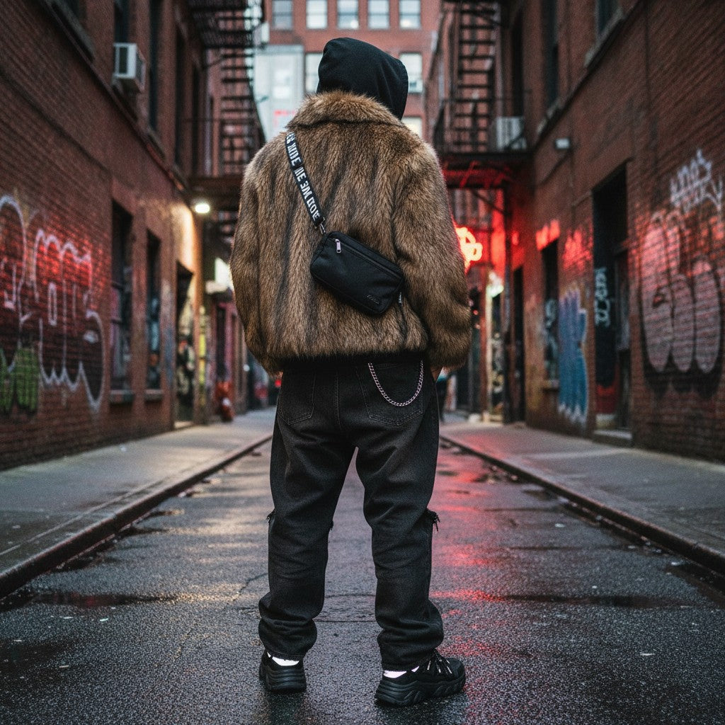 Urban Fashion & Streetwear | Craftklart women's oversized brown faux fur jacket with flip collar in a city alleyway