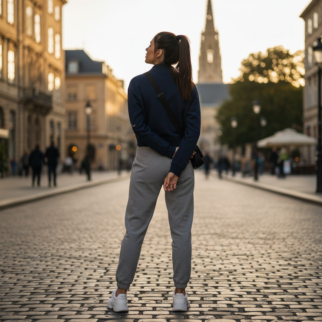 Woman wearing Urban Fashion & Streetwear | Craftklart oversized navy mock-neck sweatshirt and grey fleece joggers