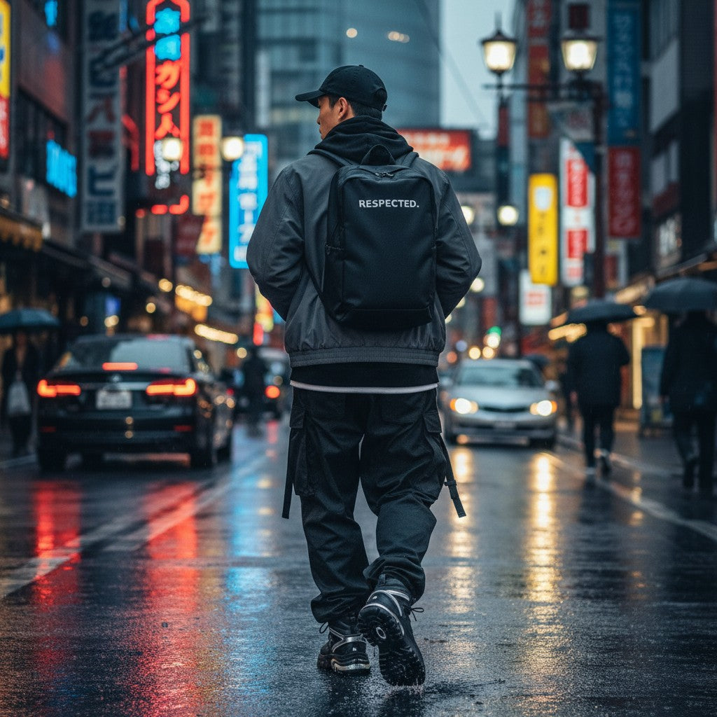 Urban Fashion & Streetwear | Craftklart Essential full zip jacket with RESPECTED graphic on back worn in city street