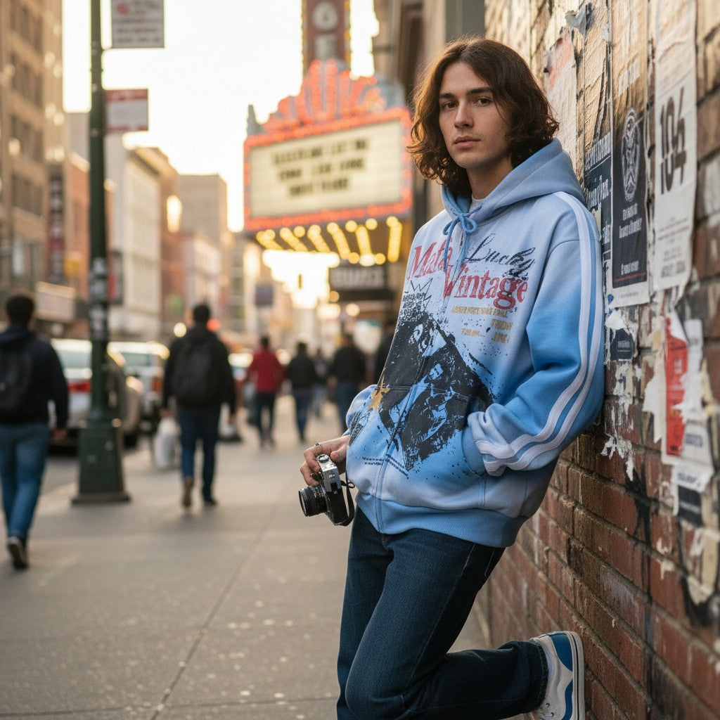 Urban Fashion & Streetwear | Craftklart gradient blue zip-up hoodie with graphic print worn by a man on a city street