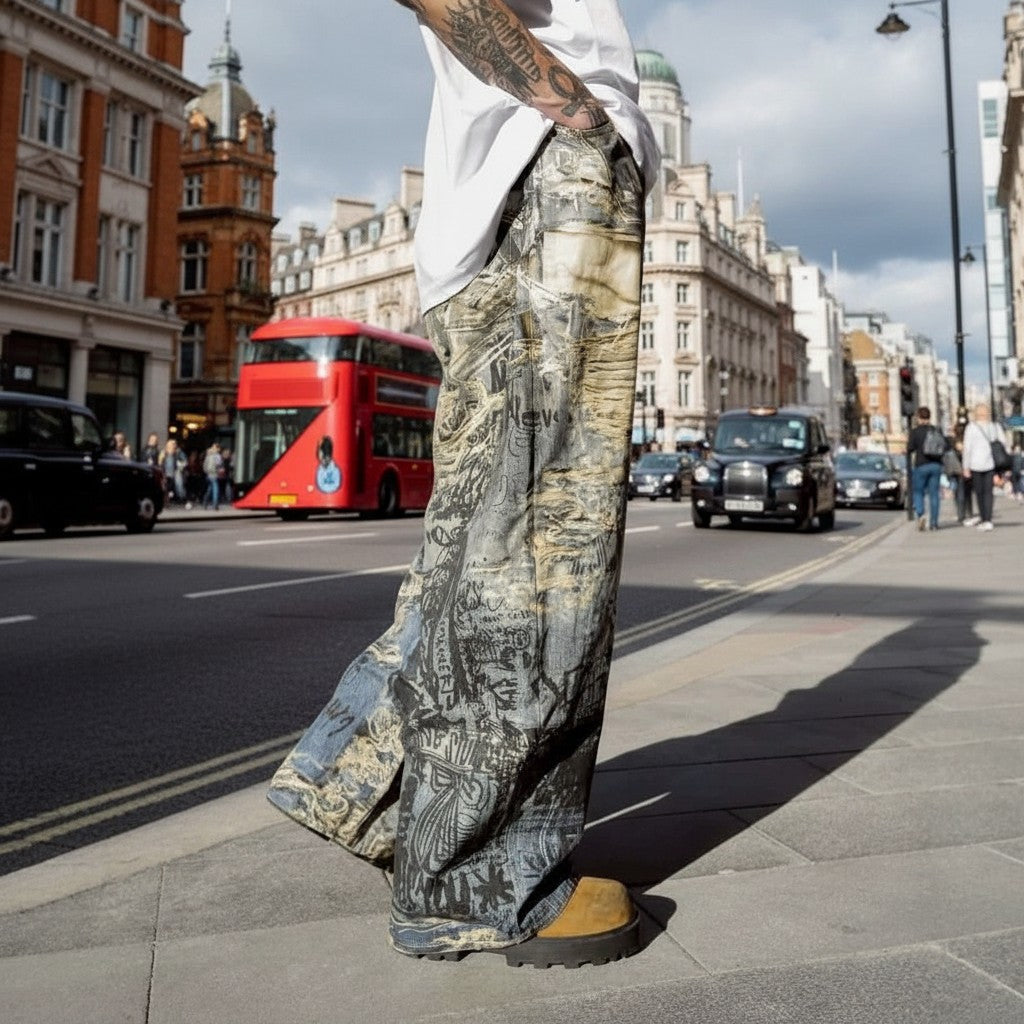 Urban Fashion & Streetwear | Craftklart distressed straight-leg denim jeans with 3D graffiti print on a city street
