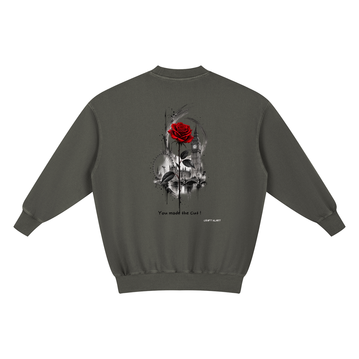 Urban Fashion & Streetwear | Craftklart vintage wash crewneck sweatshirt with London cityscape and red rose graphic