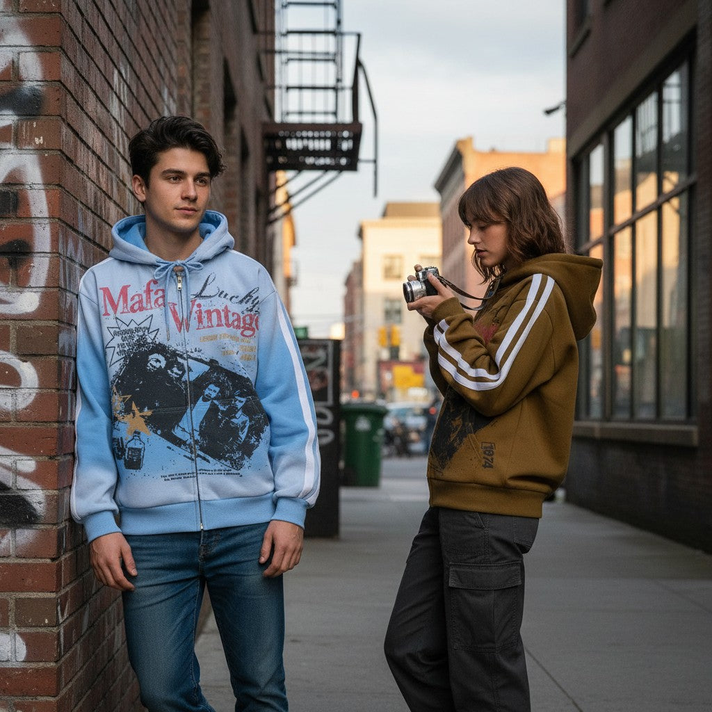 Urban Fashion & Streetwear | Craftklart gradient zip-up hoodies with graphic prints worn by two people in an alleyway