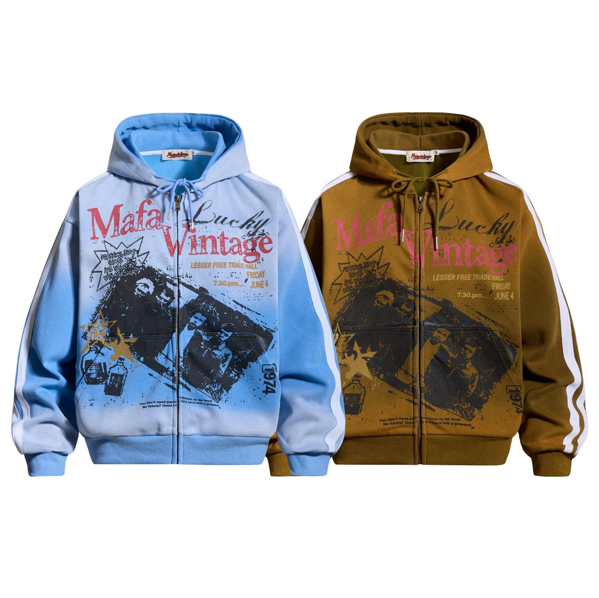Urban Fashion & Streetwear | Craftklart zip-up hoodies in blue and brown with vintage concert poster graphic prints.