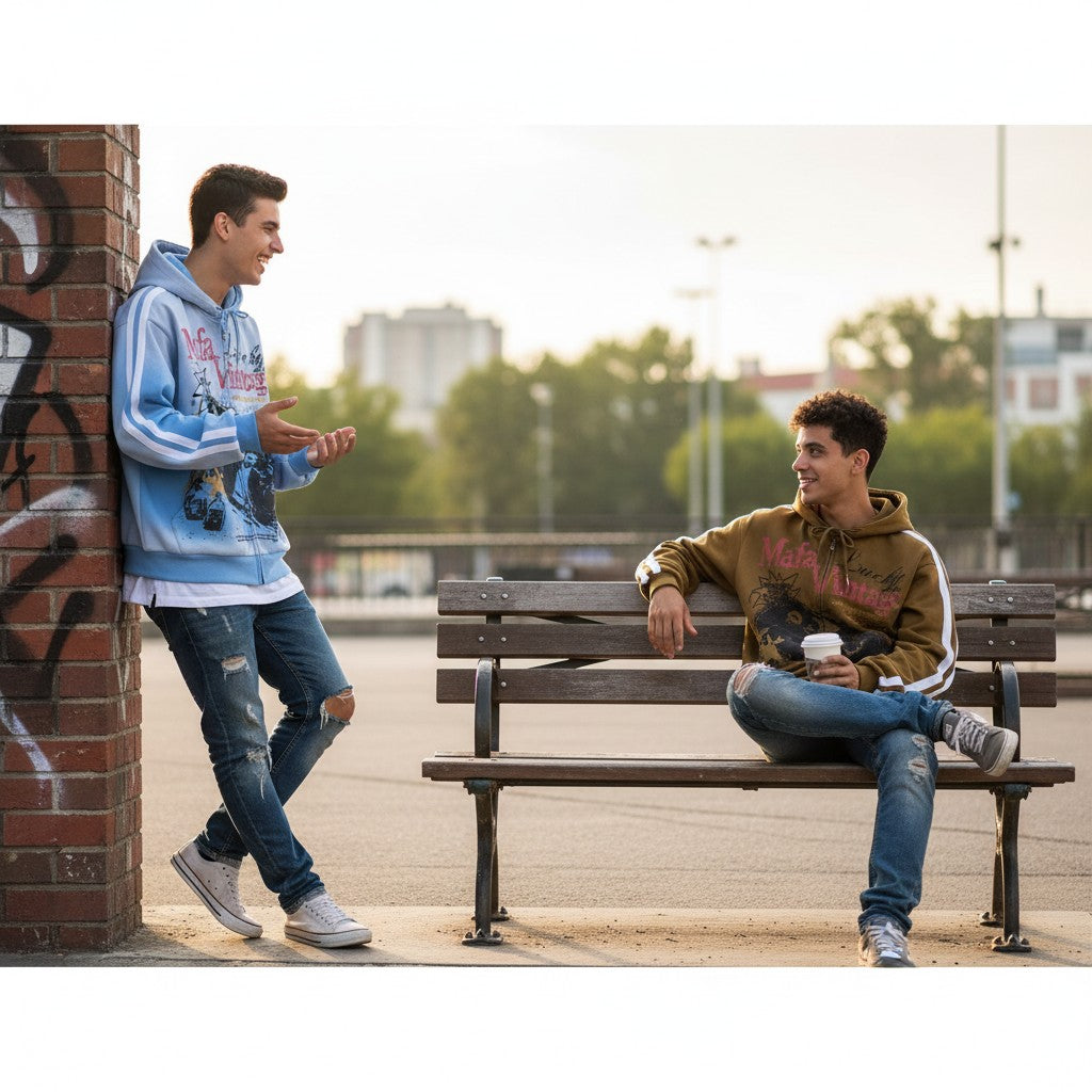 Two men wearing Urban Fashion & Streetwear | Craftklart gradient zip-up hoodies with graphic prints in an urban park.