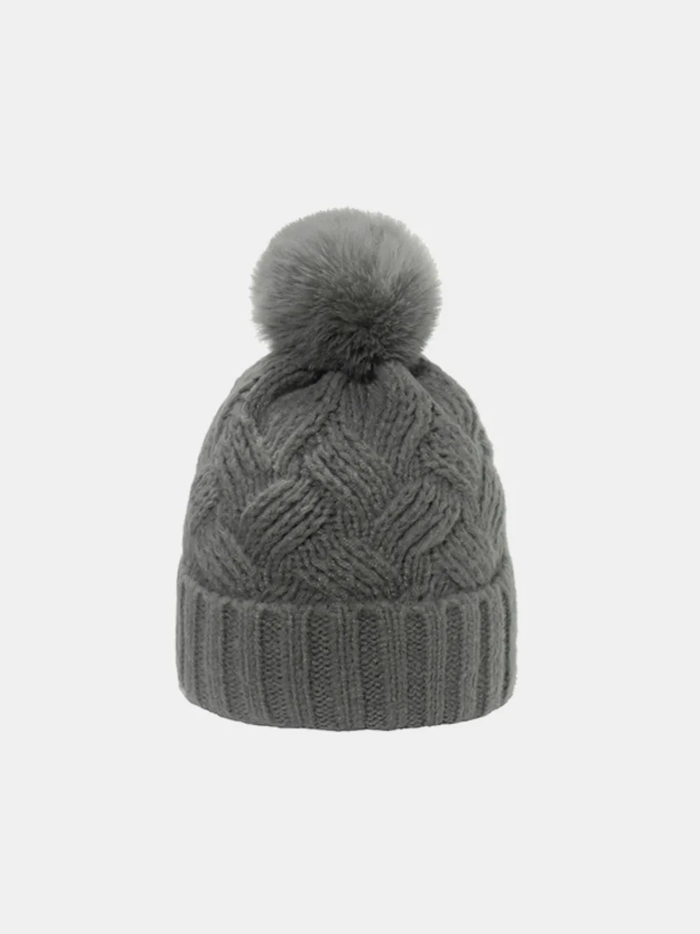 Urban Fashion & Streetwear | Craftklart gray acrylic cable-knit hat with a pompom and roll rim design