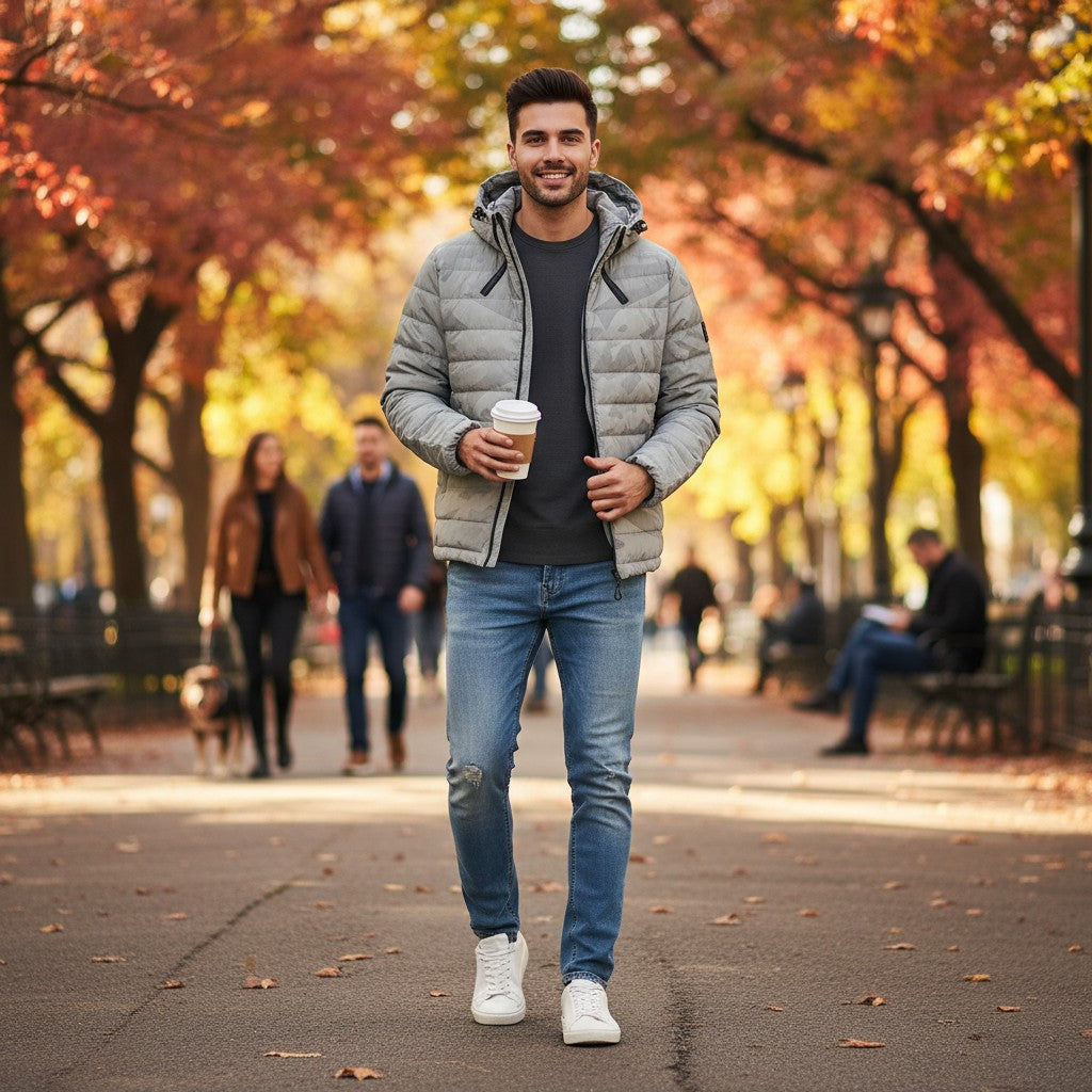Urban Fashion & Streetwear | Craftklart man wearing a gray camouflage lightweight winter jacket in a park