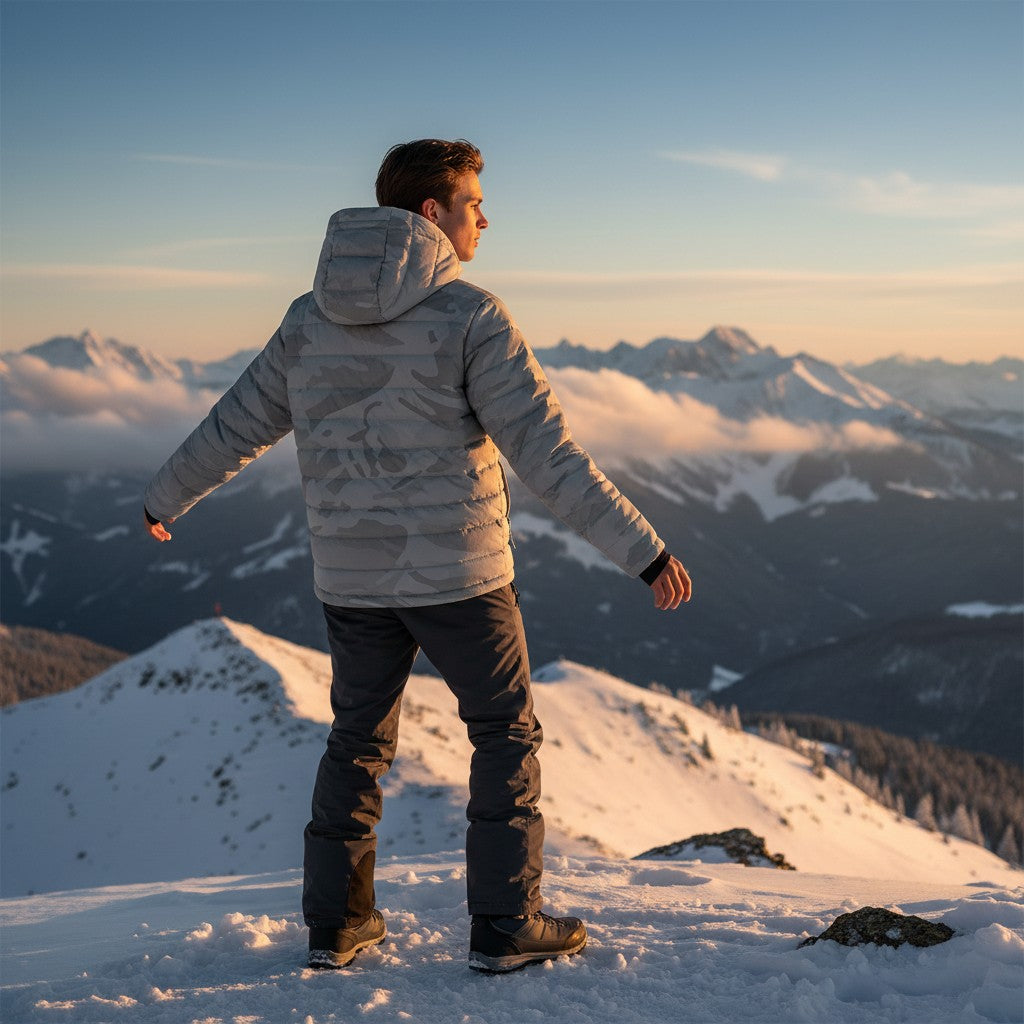 Urban Fashion & Streetwear | Craftklart gray camouflage lightweight puffer jacket worn by a man on a snowy mountain