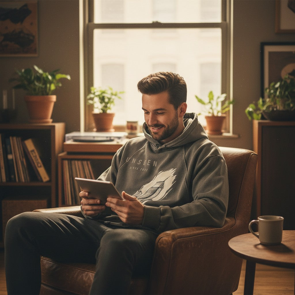 Man wearing a gray Craftklart vintage washed heavyweight hoodie with a frayed hem, sitting in a leather armchair.