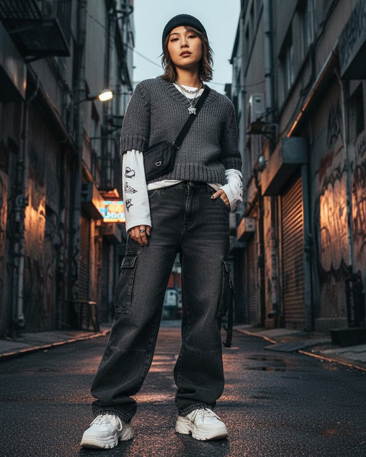 Urban Fashion & Streetwear | Craftklart gray V-neck knit sweater with three-quarter sleeves worn by a model in an alley