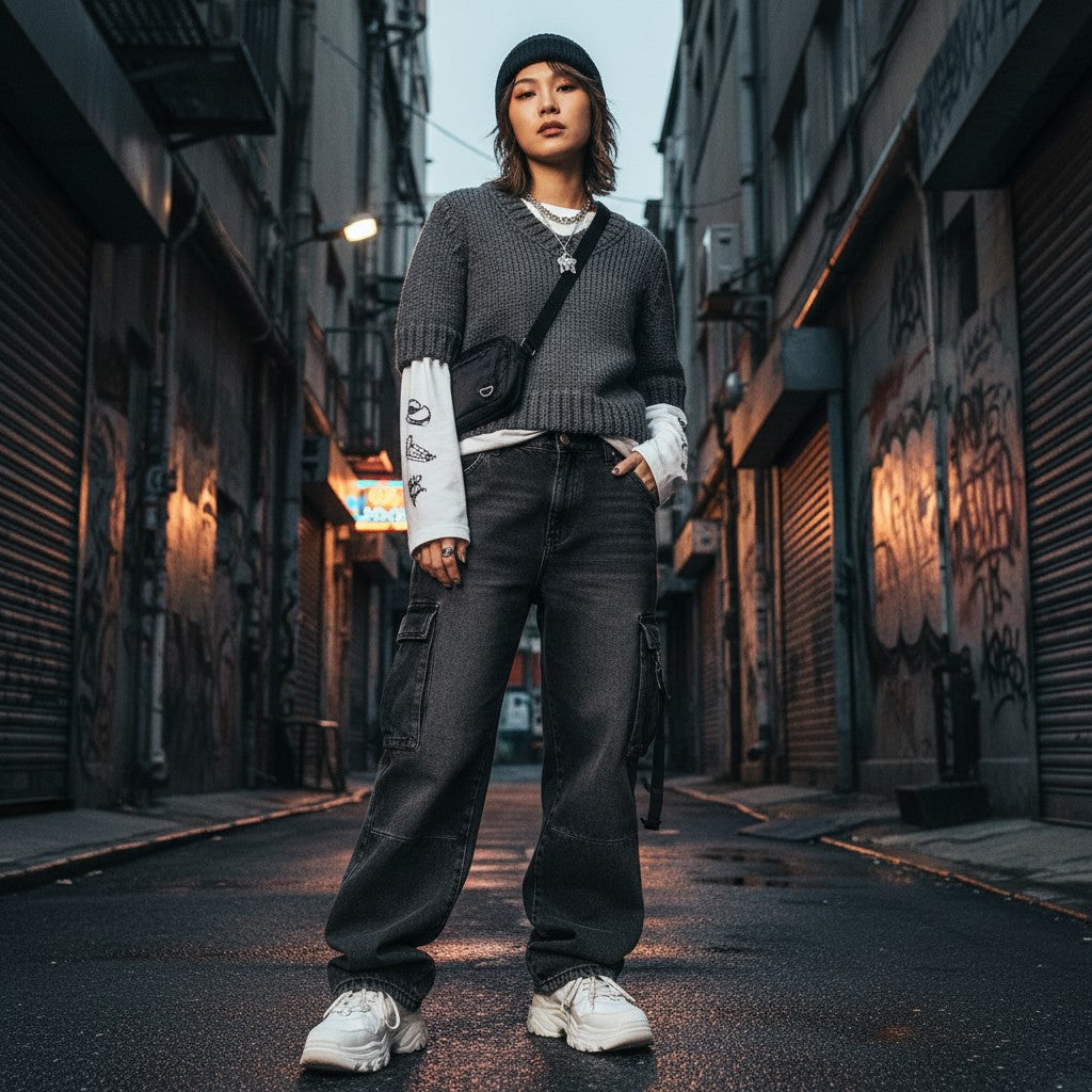 Urban Fashion & Streetwear | Craftklart gray V-neck knit sweater with three-quarter sleeves worn by a model in an alley
