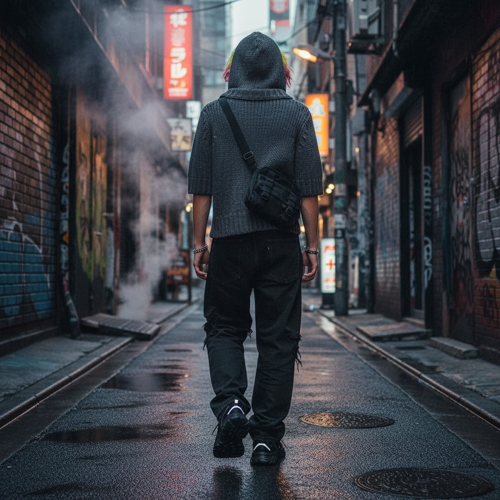 Urban Fashion & Streetwear | Craftklart gray knit V-neck sweater with three-quarter sleeves worn in a city alleyway