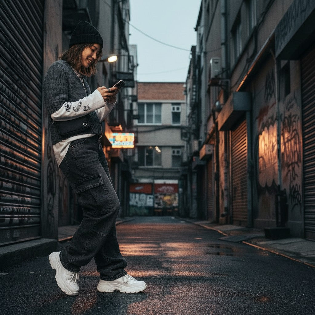 Urban Fashion & Streetwear | Craftklart gray V-neck knit sweater with three-quarter sleeves worn in a city alleyway