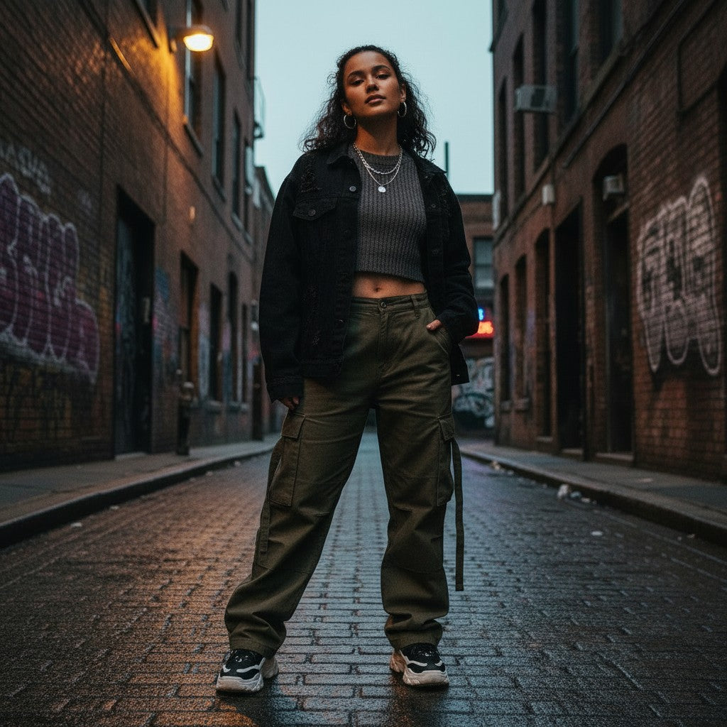 Urban Fashion & Streetwear | Craftklart gray V-neck knit sweater worn by a woman in a city alleyway