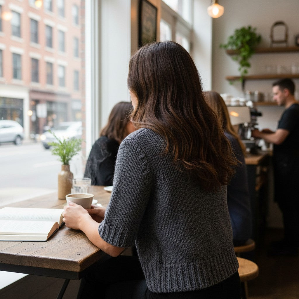 Urban Fashion & Streetwear | Craftklart gray knit V-neck sweater with three-quarter sleeves worn by a woman in a cafe