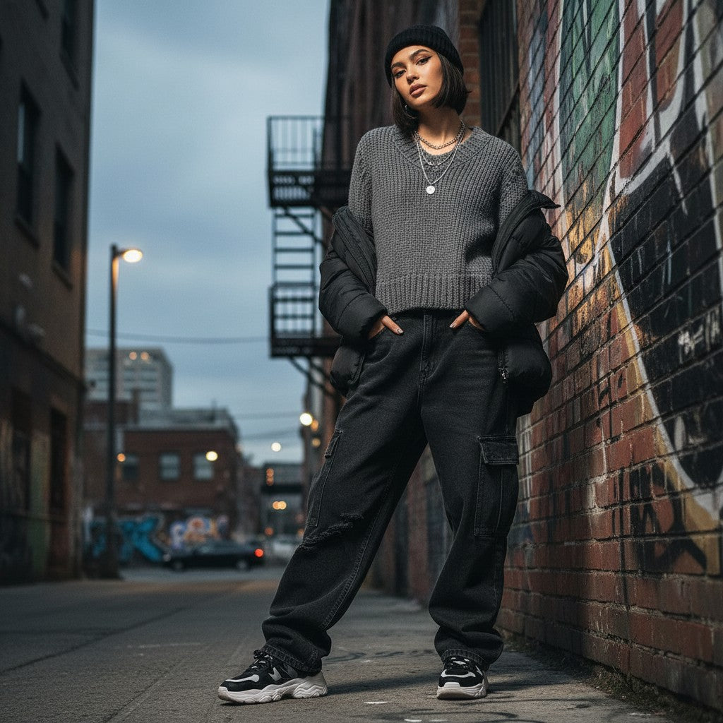Urban Fashion & Streetwear | Craftklart gray V-neck knit sweater worn by a model in an urban alleyway setting.