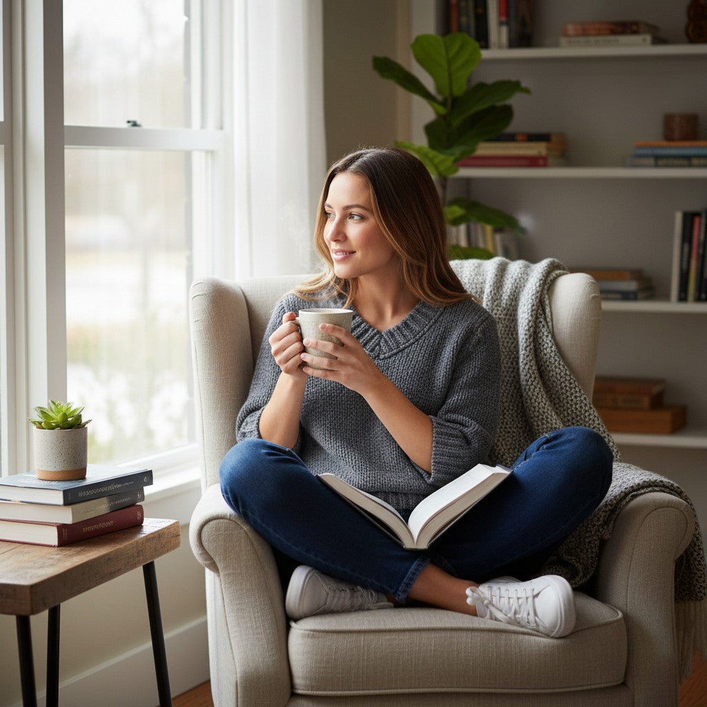 Urban Fashion & Streetwear | Craftklart gray V-neck knit sweater worn by a woman sitting in a chair with a book