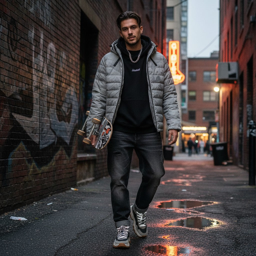 Urban Fashion & Streetwear | Craftklart lightweight gray quilted winter jacket worn by a man in a city alleyway