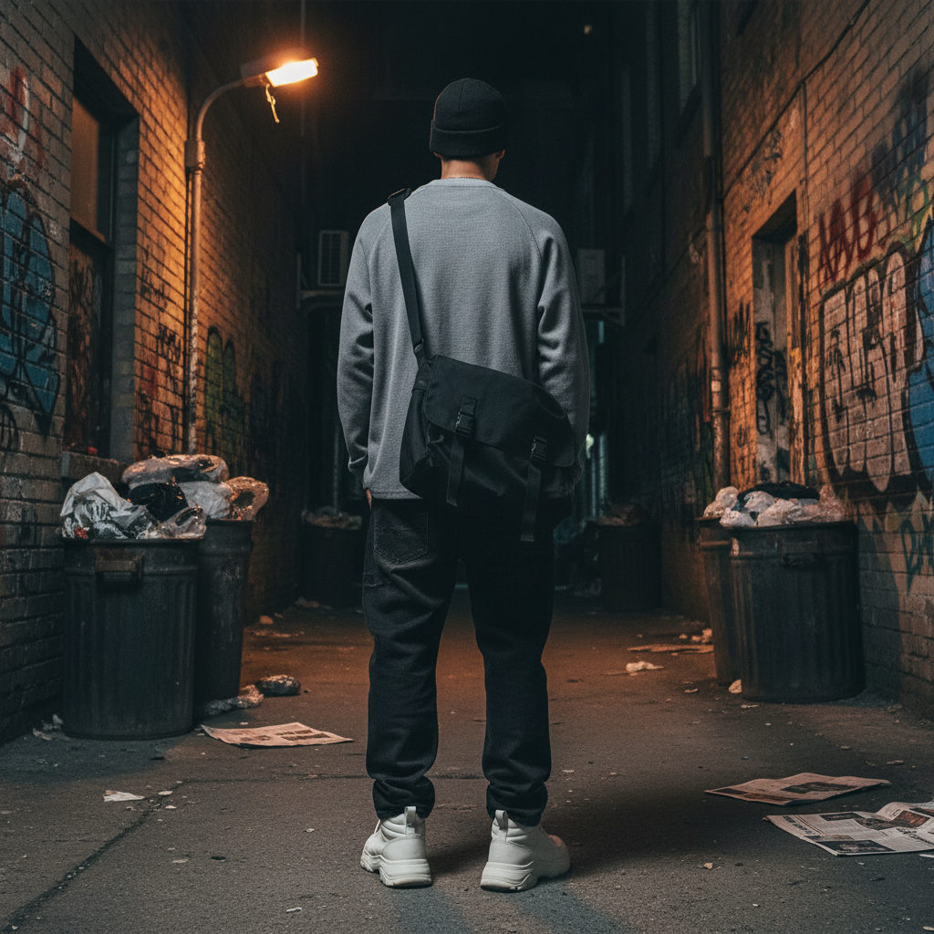 Urban Fashion & Streetwear | Craftklart gray waffle long sleeve tee worn by a man in a graffiti-covered alleyway