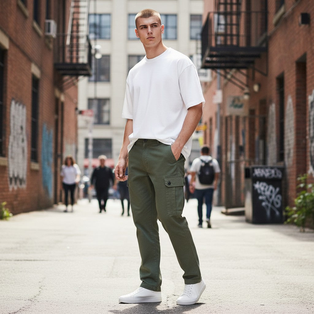 A man wearing Urban Fashion & Streetwear | Craftklart green cotton straight-fit cargo pants with a white t-shirt.